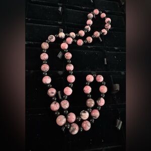 Genuine Rhodonite & black onyx bead necklace 26” long